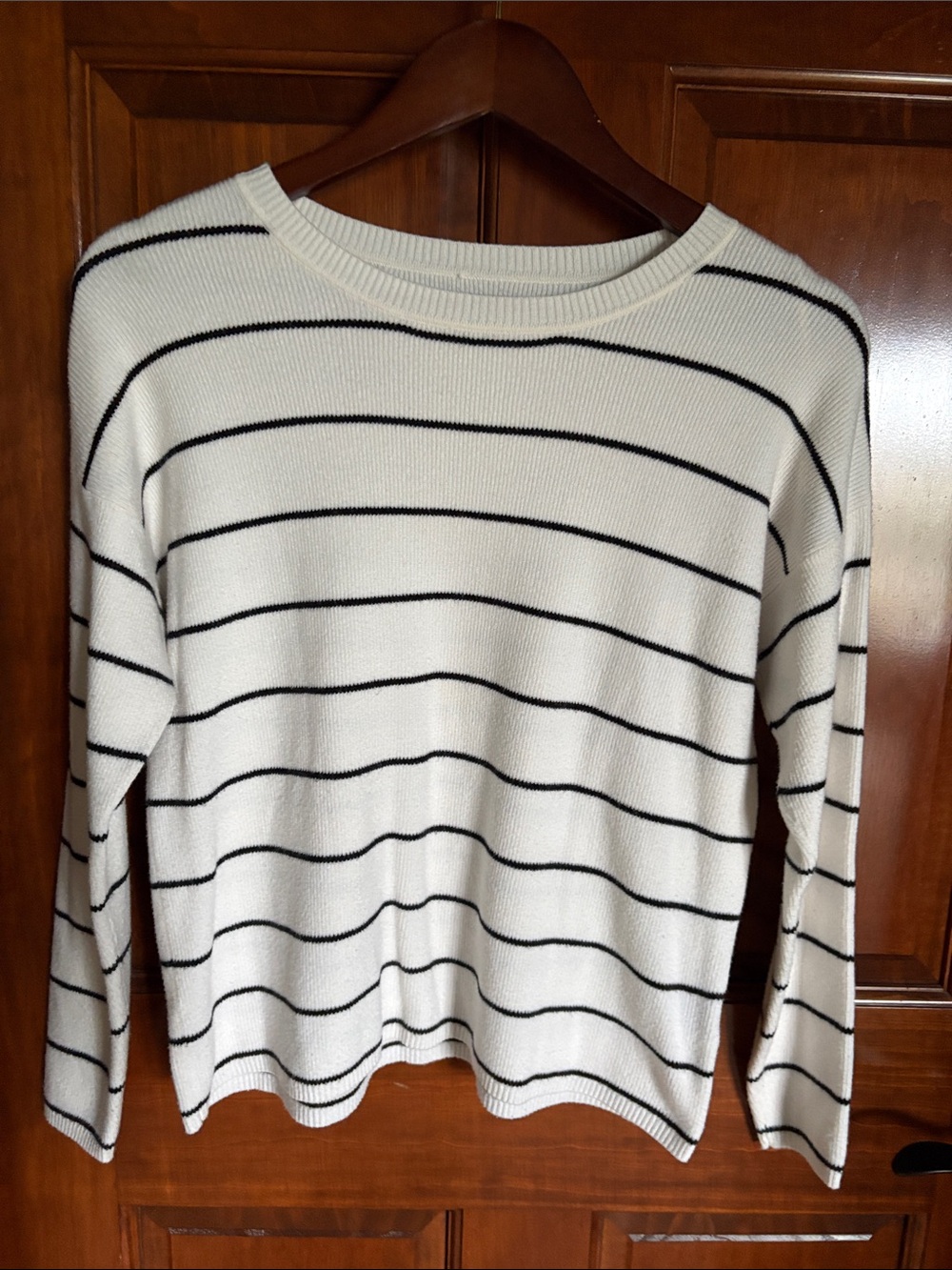Striped Soft Knit Crewneck Sweater in White and Black- Women's Small
